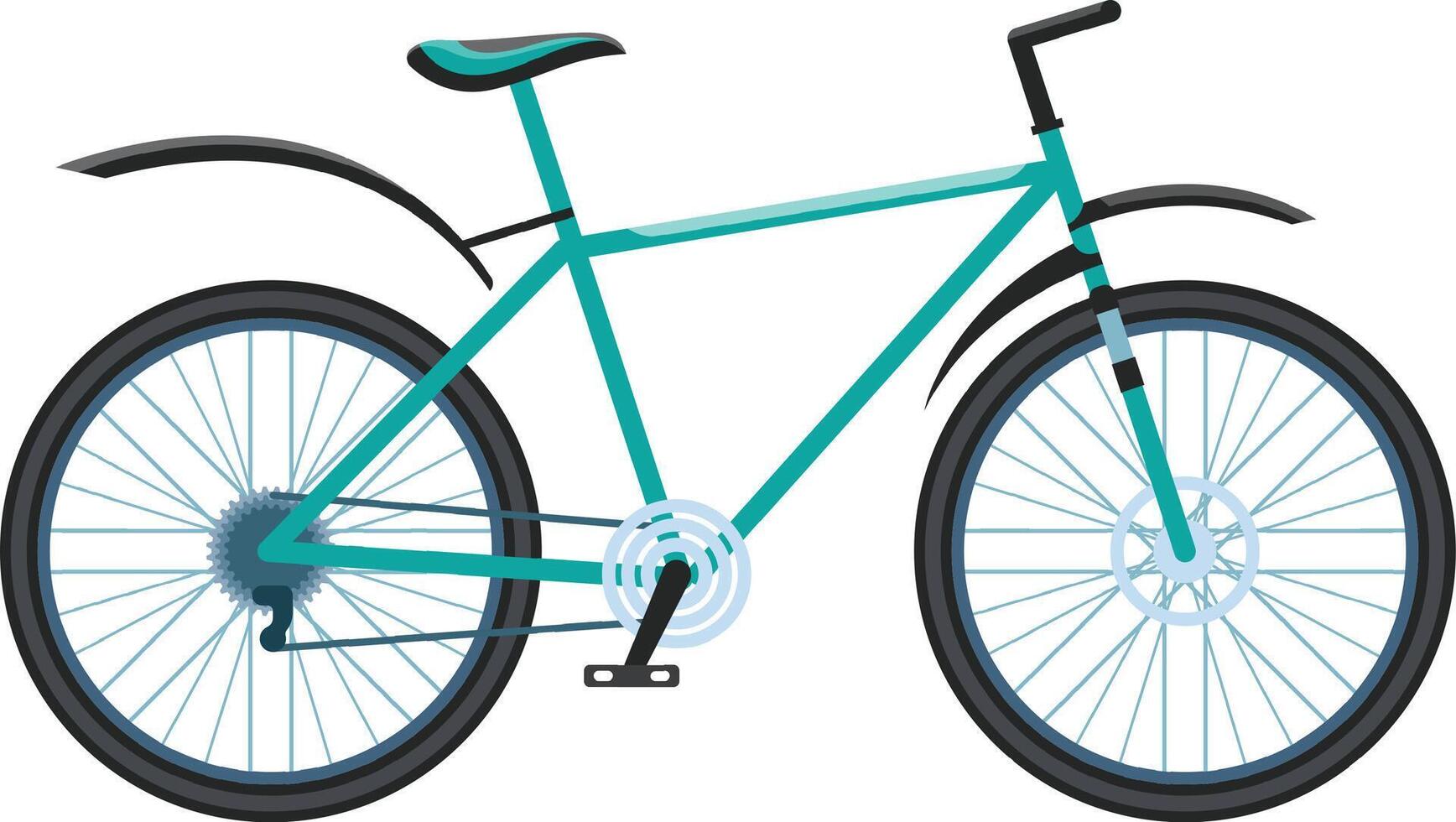 Light blue bicycle with mudguards, black tires, and visible gear shift mechanism resting on a white background, symbolizing active lifestyle and eco friendly commuting vector