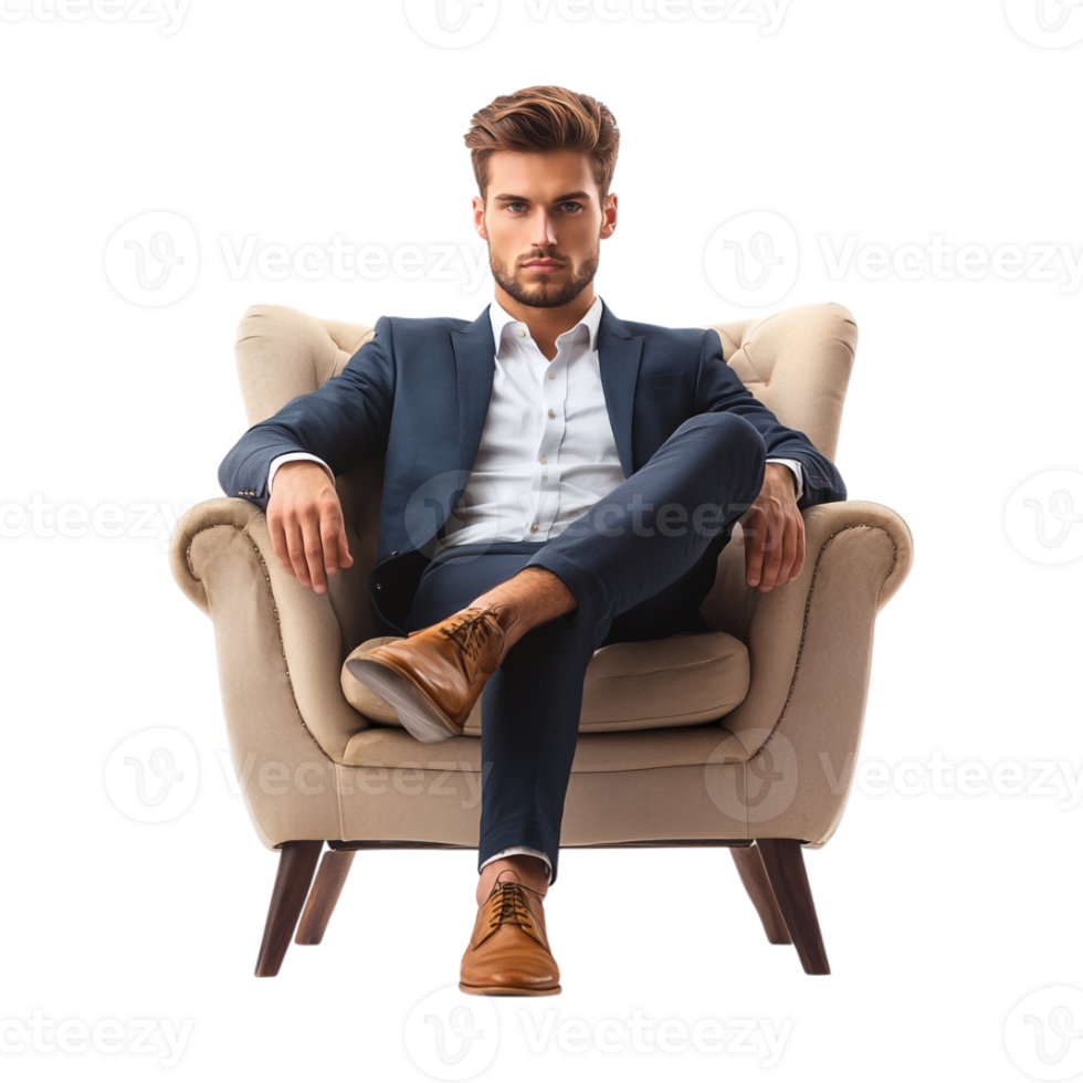 A man in a suit sitting on a chair png