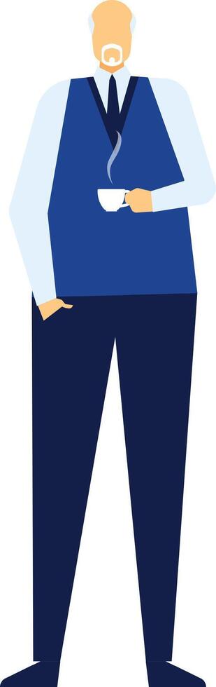 Older gentleman, possibly a professor or businessman, stands holding a steaming cup of coffee, taking a moment to relax and enjoy a warm drink vector