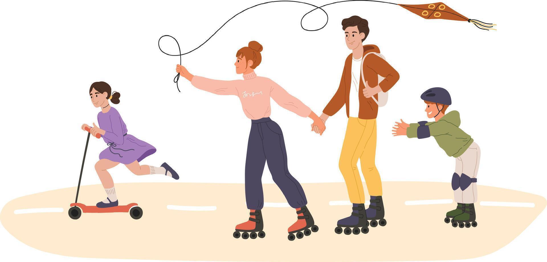 Parents holding hands and roller skating with their children, daughter riding a scooter and son learning to roller skate, mother flying a kite, family enjoying time together on a sunny day vector