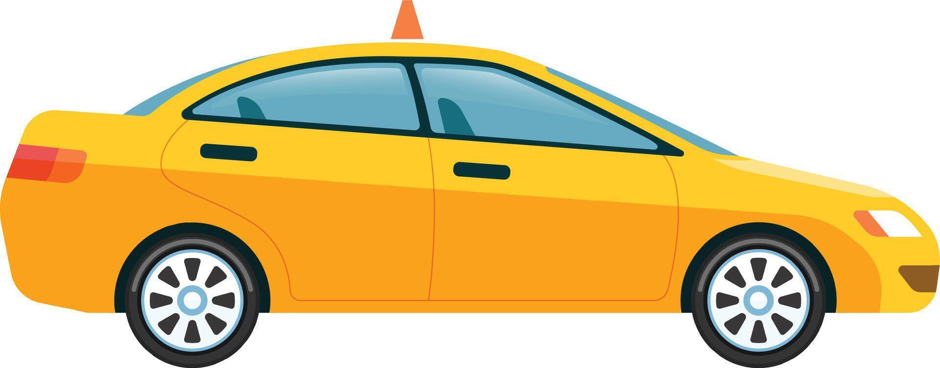 Passenger car functioning as a taxi cab, distinguished by its vibrant yellow color and illuminated roof light, waiting patiently for passengers on an urban street vector