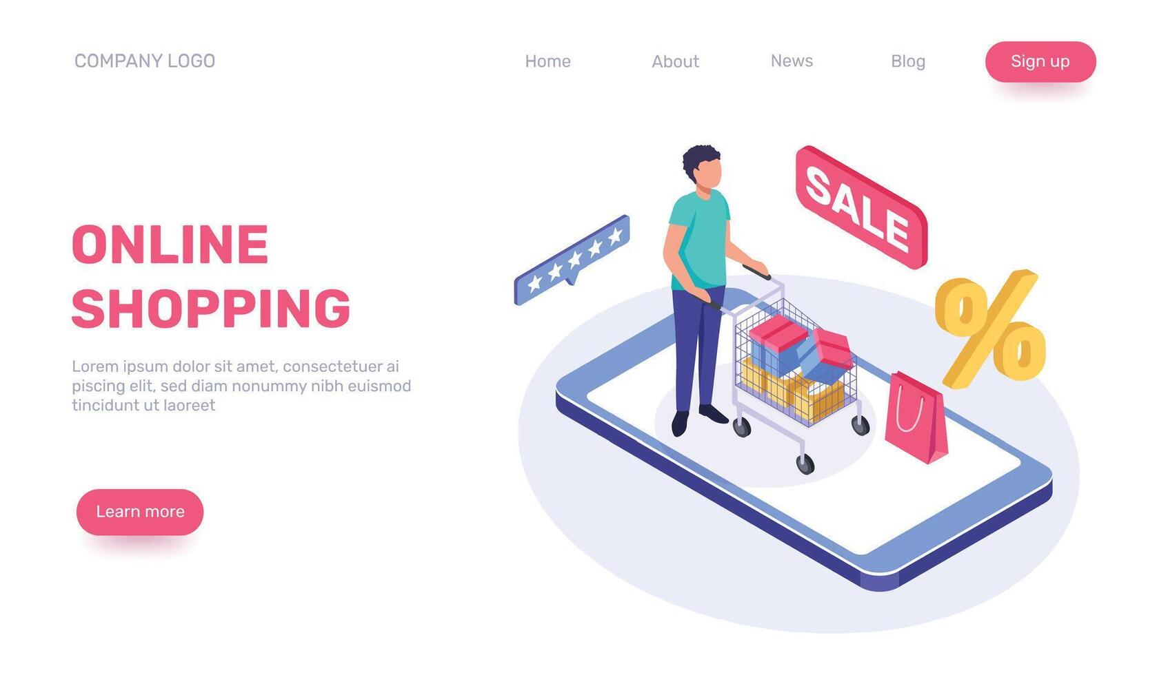 Isometric illustration depicting a customer pushing a shopping cart on a smartphone, highlighting online shopping, discounts, and a five star customer satisfaction rating vector