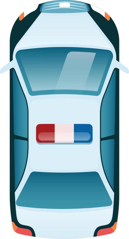 Top view illustration of a police car with flashing lights, showcasing its aerodynamic design and emergency signaling system against a clean white backdrop vector