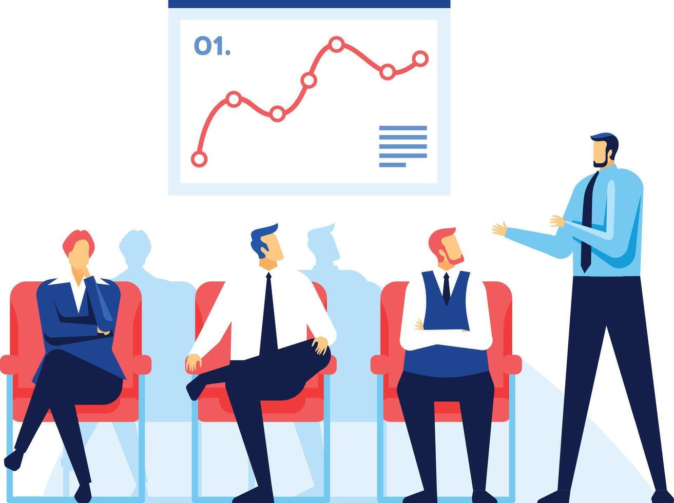 Business team listening to a presentation about a red graph showing performance, discussing results and profits during a business meeting in the office vector
