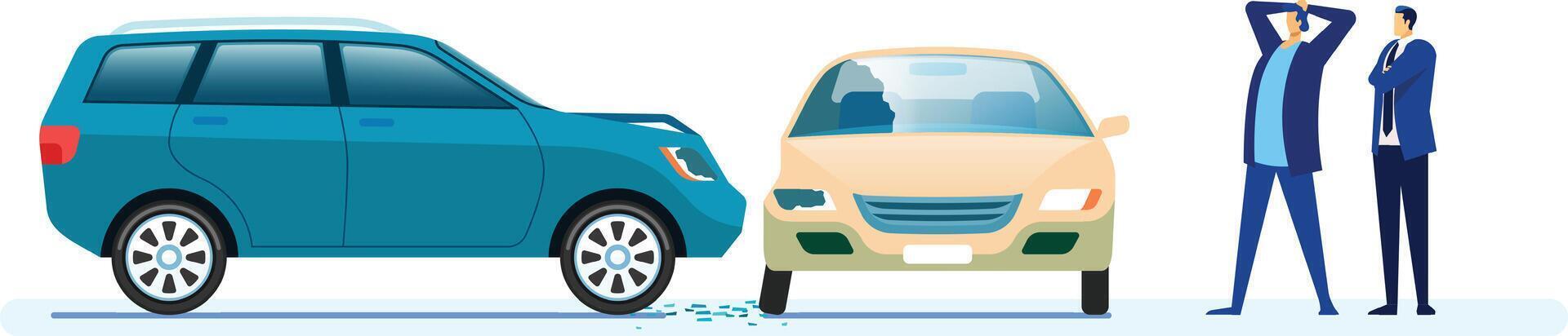 Two worried businessmen watching as a blue suv crashes into the rear of a beige sedan, expressing concern and frustration over the unexpected accident and its consequences vector