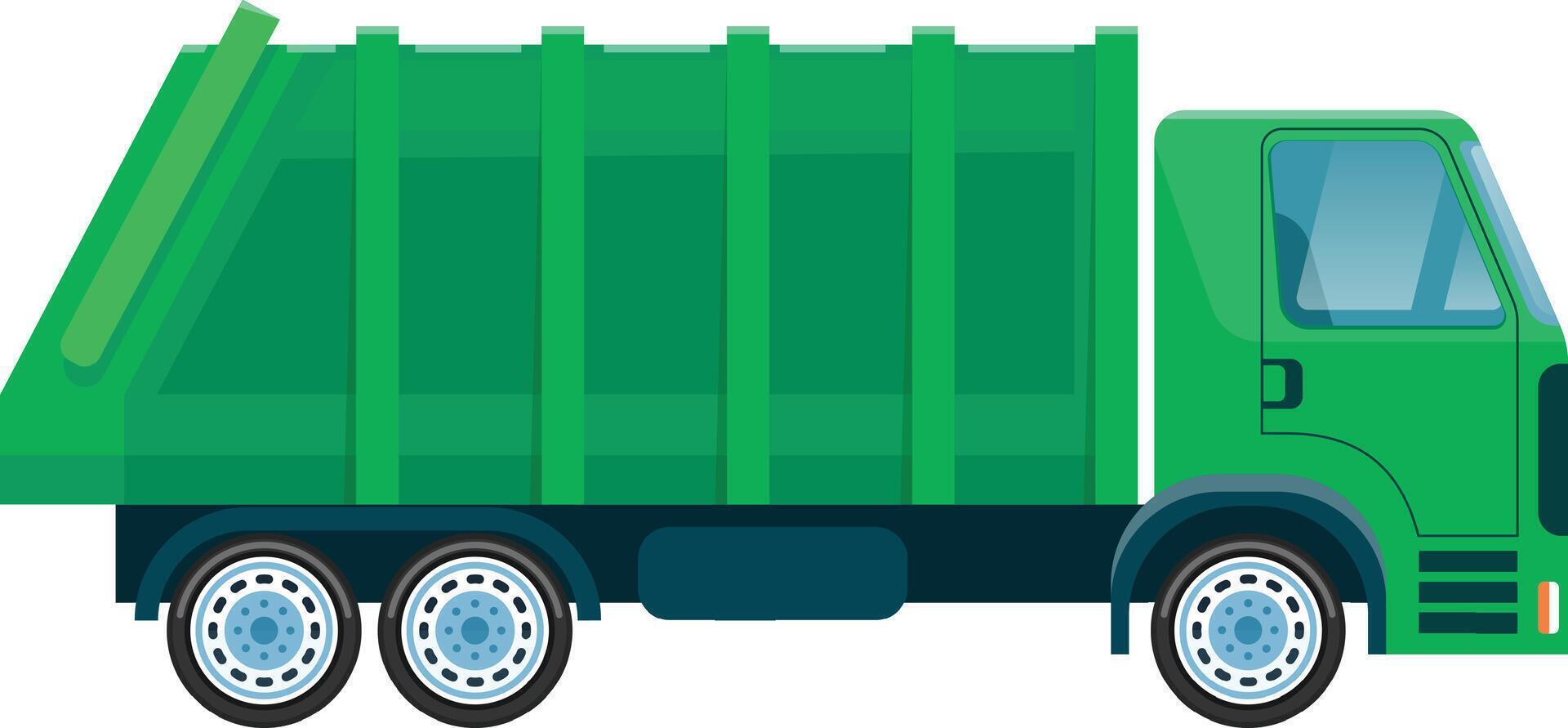 Green garbage truck collecting waste and transporting it to a landfill or recycling center, promoting environmental sustainability and urban cleanliness vector