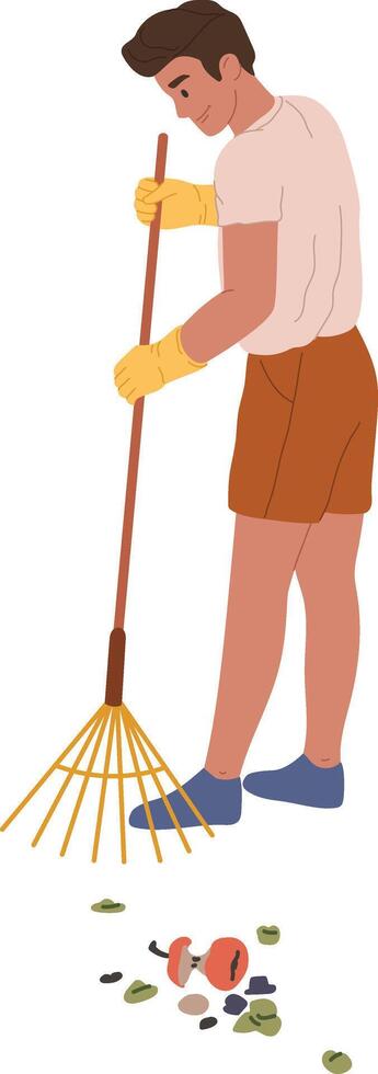 Young man wearing gloves and raking up trash in a park, fostering environmental awareness and encouraging community involvement in effective waste management practices vector
