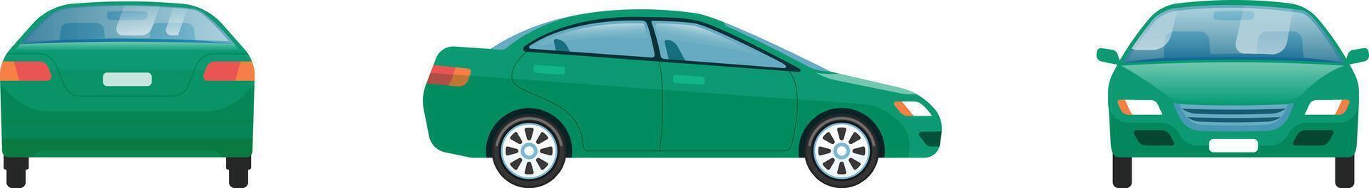 Green four door sedan car presenting front, side and rear view, showcasing its design and features for automotive and transportation concepts vector