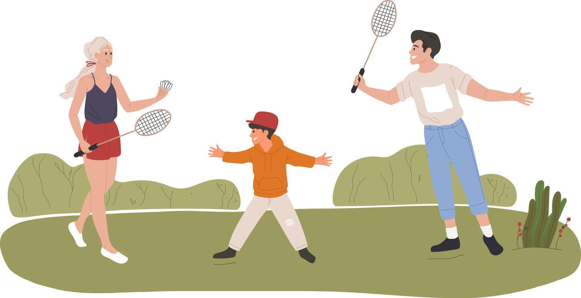Family members enjoying a sunny day in the park, playing badminton together amidst lush greenery, creating joyful memories filled with laughter, exercise, and bonding vector