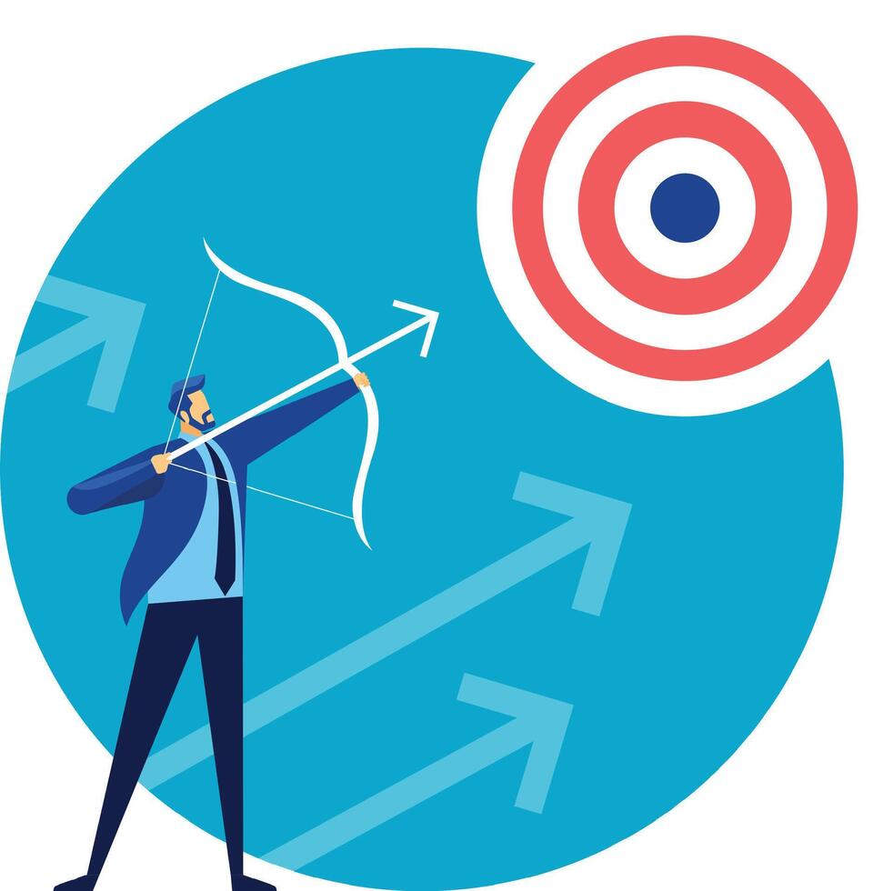 Businessman is aiming at target with bow and arrow, symbolizing achieving business goals, focus, strategy, and success in competitive environment with growth arrows in background vector