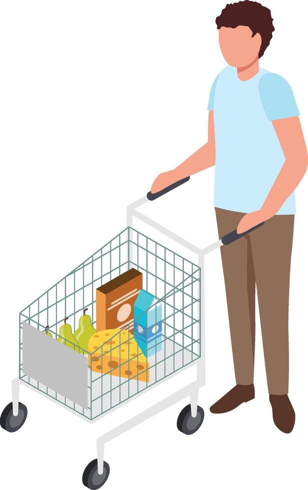 Young man pushing a shopping cart filled with groceries, including cheese, pears, milk, and cereal, capturing the experience of grocery shopping in a busy supermarket vector