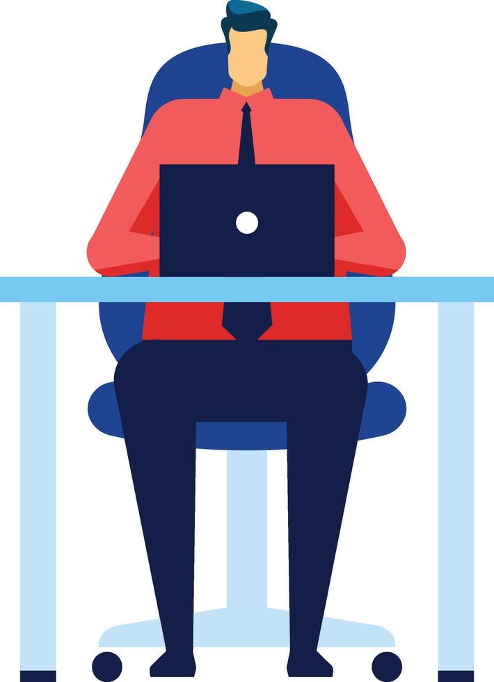 Office worker sitting at a desk, focused on working with a laptop, dressed in a red shirt and blue tie, depicted in a modern flat design illustration vector