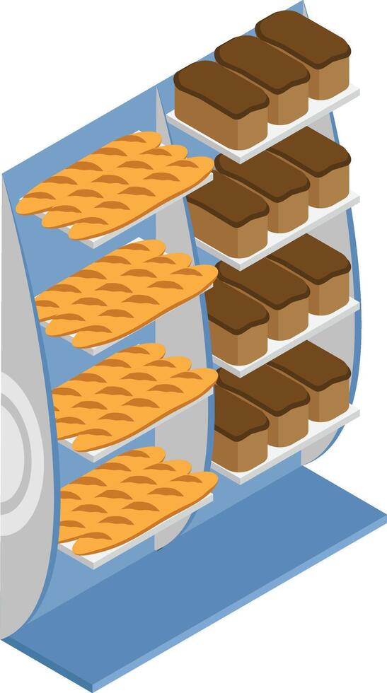Isometric view of a display stand showing shelves full of freshly baked loaves of bread and cakes, representing a bakery, food market, or grocery store vector
