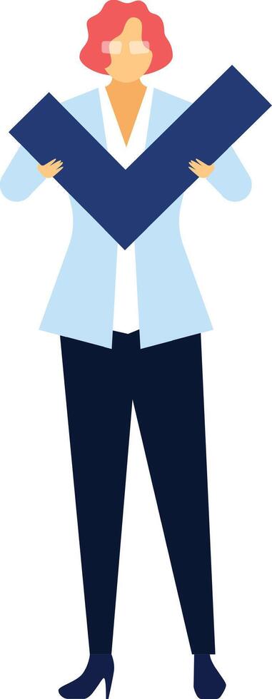 Businesswoman wearing glasses and formal clothes is holding a large blue check mark representing approval, agreement, success, and confirmation vector