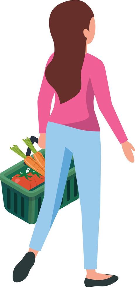 Rear view of a young woman walking away, carrying a shopping basket filled with fresh vegetables, promoting a healthy lifestyle and conscious consumerism vector