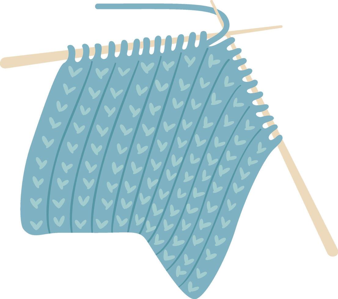 Knitting needles are creating a cozy light blue scarf adorned with a heart pattern, illustrating the intricate process of making a warm and stylish winter accessory vector