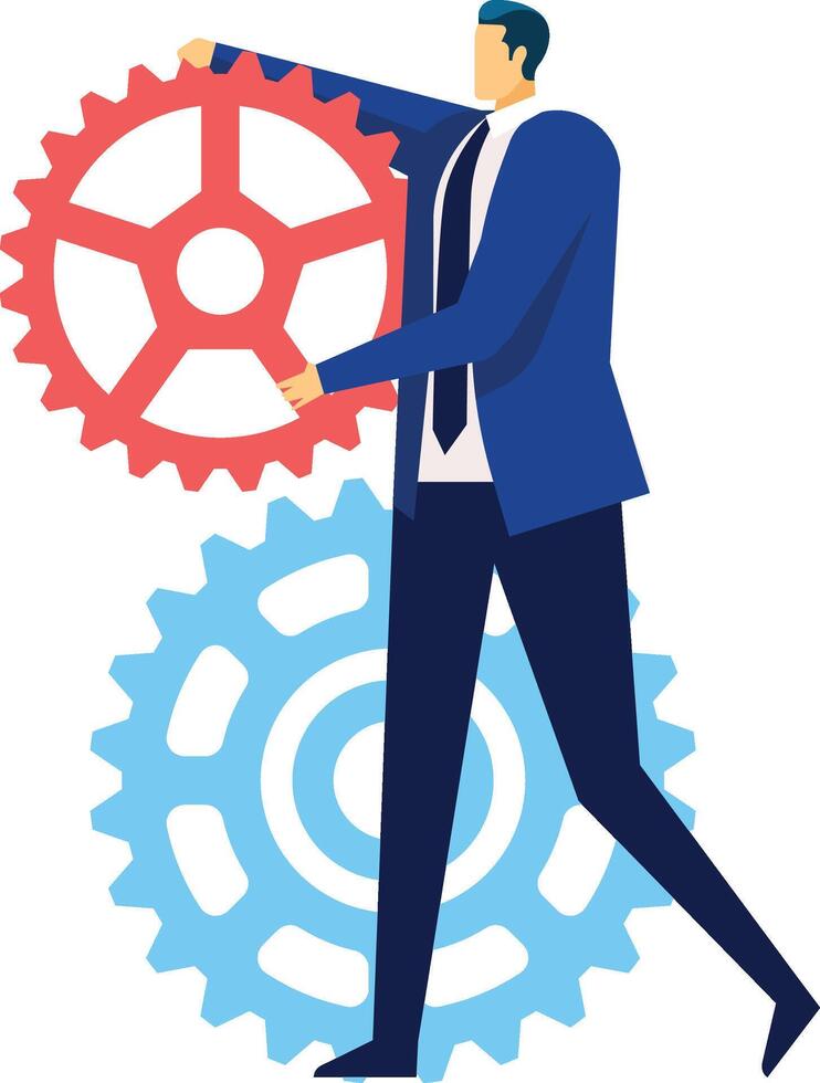 Businessman in a blue suit is holding a red gear wheel, setting up a business mechanism, symbolizing management, planning and business strategy vector