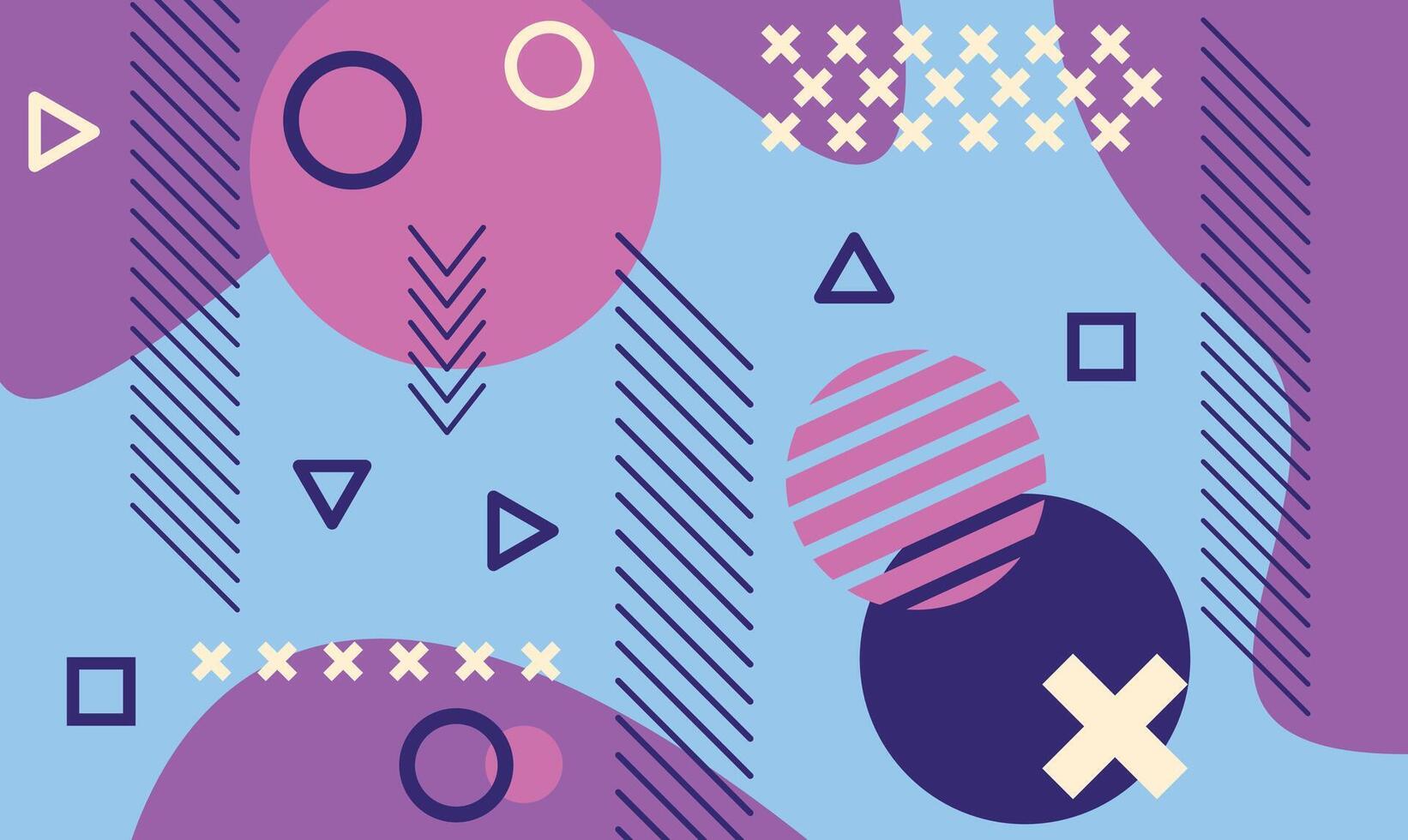 Modern abstract background featuring various geometric shapes like circles, triangles, and squares, combined with dynamic lines and crosses, creating a vibrant and playful composition vector