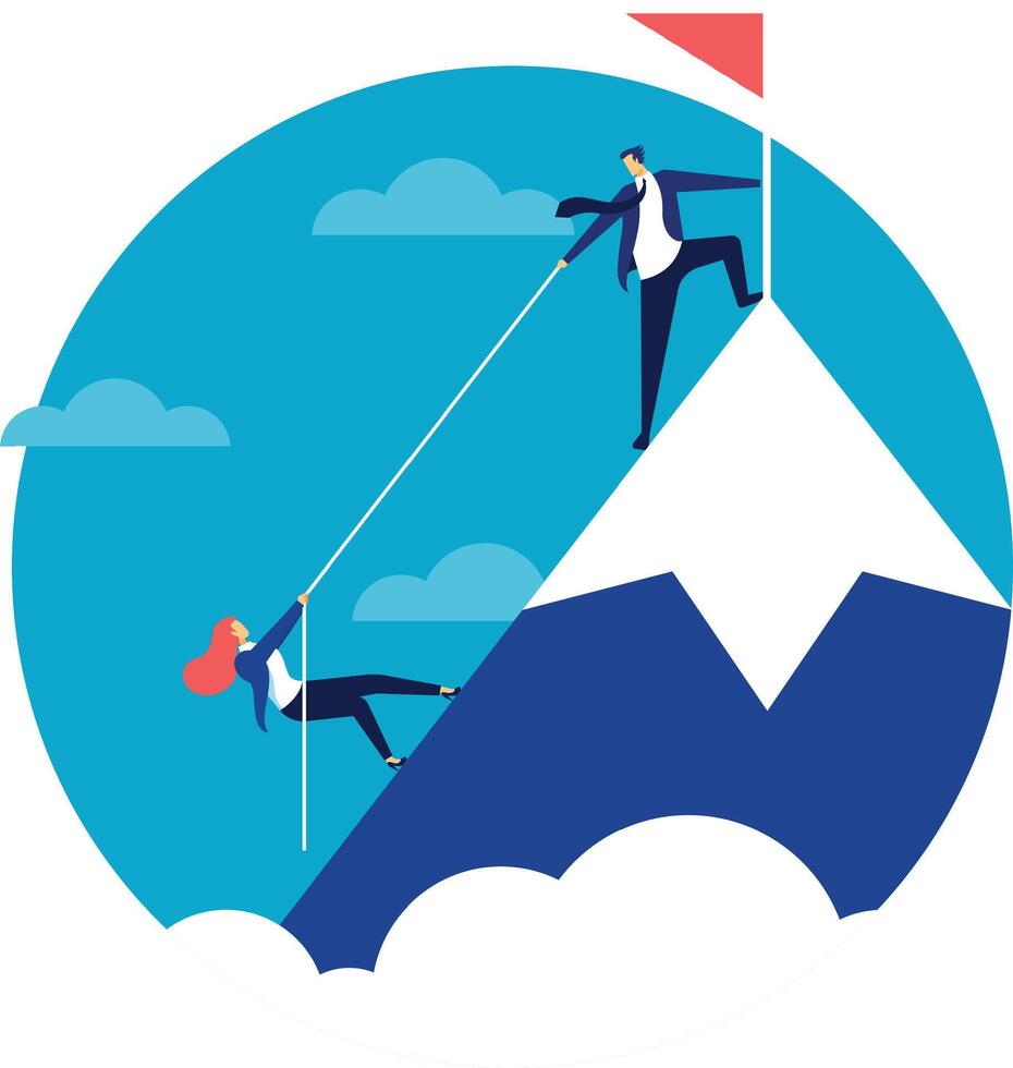 Businessman extending helping hand to businesswoman, pulling her up mountain with rope, symbolizing teamwork, support, and achieving success together vector