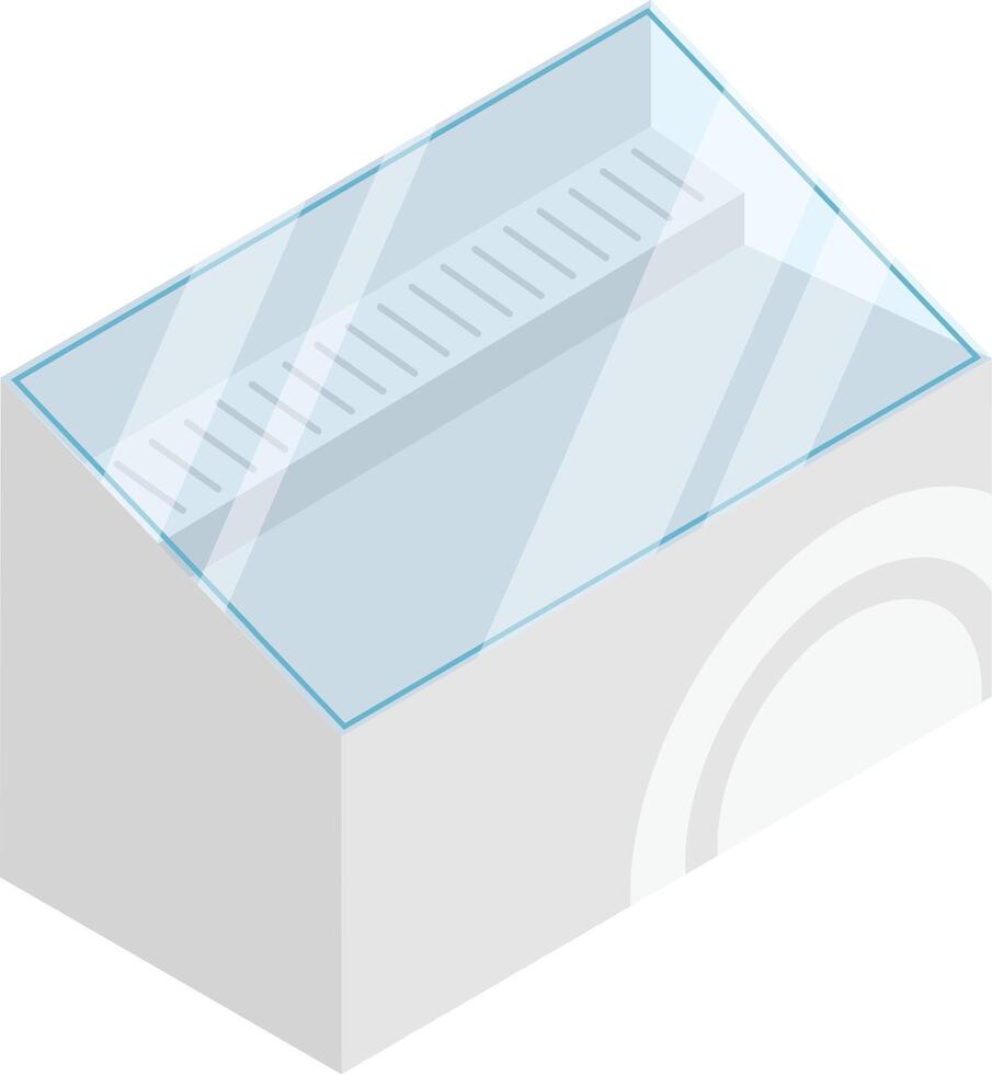 Refrigerated display case with a glass top presenting a metal grid for enhanced cooling, ideal for showcasing food products in a grocery store or supermarket vector