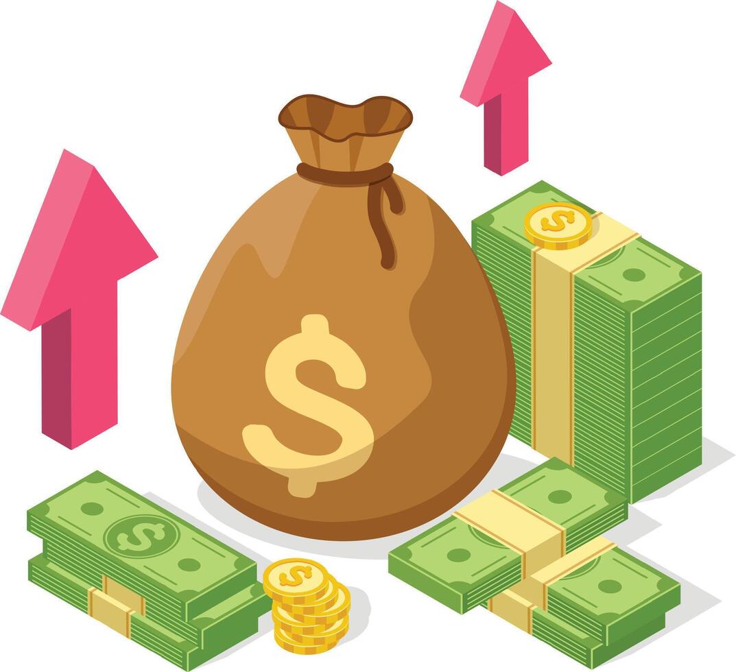 Large money bag with a dollar sign sits amidst stacks of dollar bills and upward pointing arrows, symbolizing increasing profits, financial growth, and investment success vector