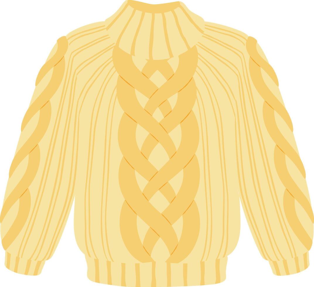Warm and cozy yellow knitted sweater featuring a prominent cable knit design on the front and sleeves, along with a comfortable turtleneck, perfect for cold weather vector