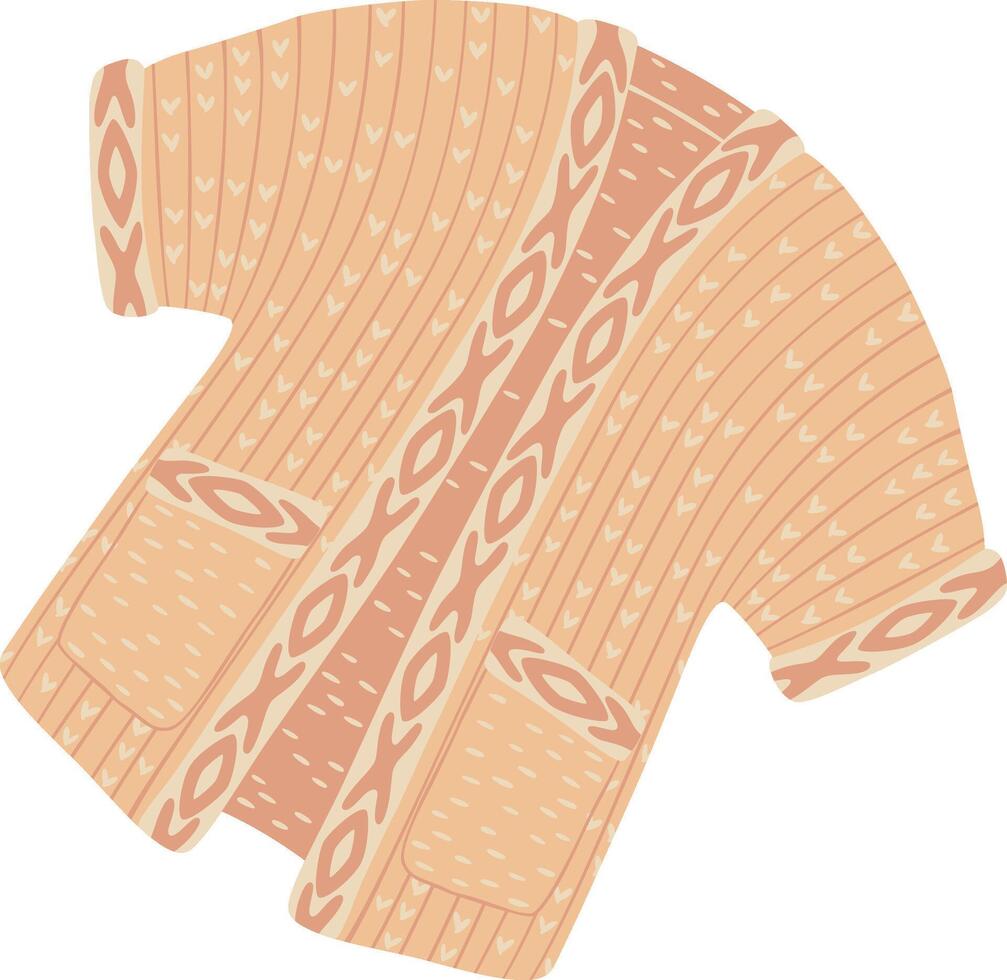 Warm beige knitted cardigan featuring pockets and an ethnic pattern, offering cozy comfort and stylish flair for autumn evenings while enhancing seasonal wardrobes with its inviting texture vector
