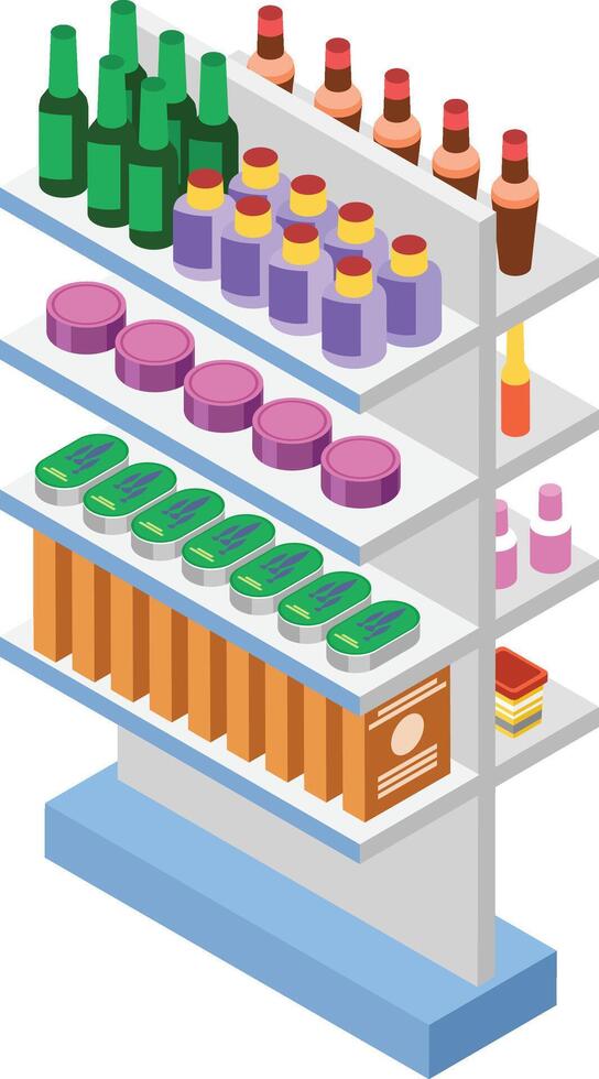 Colorful isometric illustration featuring a supermarket shelf filled with a variety of products, including beverages, canned goods, cosmetics, and packaged foods vector