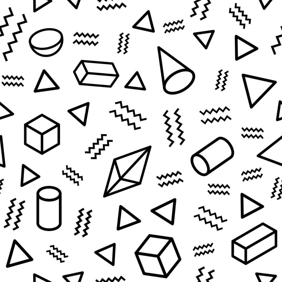 Seamless geometric pattern featuring 3d shapes like cubes, cones, spheres, and diamonds, combined with dynamic squiggle lines on a white background vector