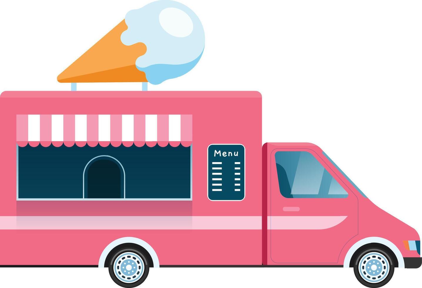Vibrant pink ice cream food truck featuring a menu and a large ice cream cone atop its roof, inviting customers to indulge in sweet treats on a sunny day vector