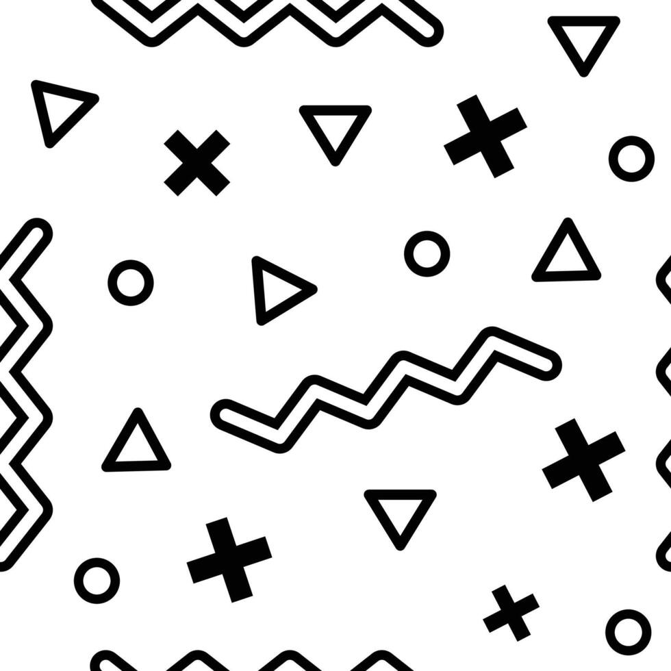 Black geometric shapes including plus signs, triangles, circles and zigzag lines create a dynamic and modern seamless pattern on a white background, evoking a retro 80s or 90s aesthetic vector