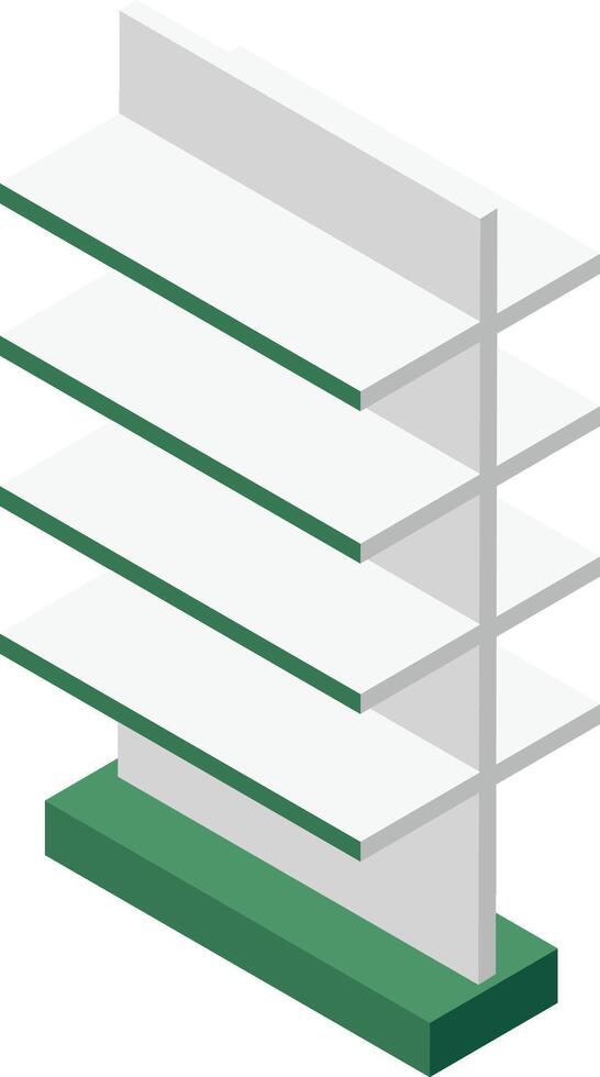 Isometric view of an empty white supermarket shelf with green trim, ready for displaying products in a grocery store aisle, offering a clean and organized presentation for retail vector