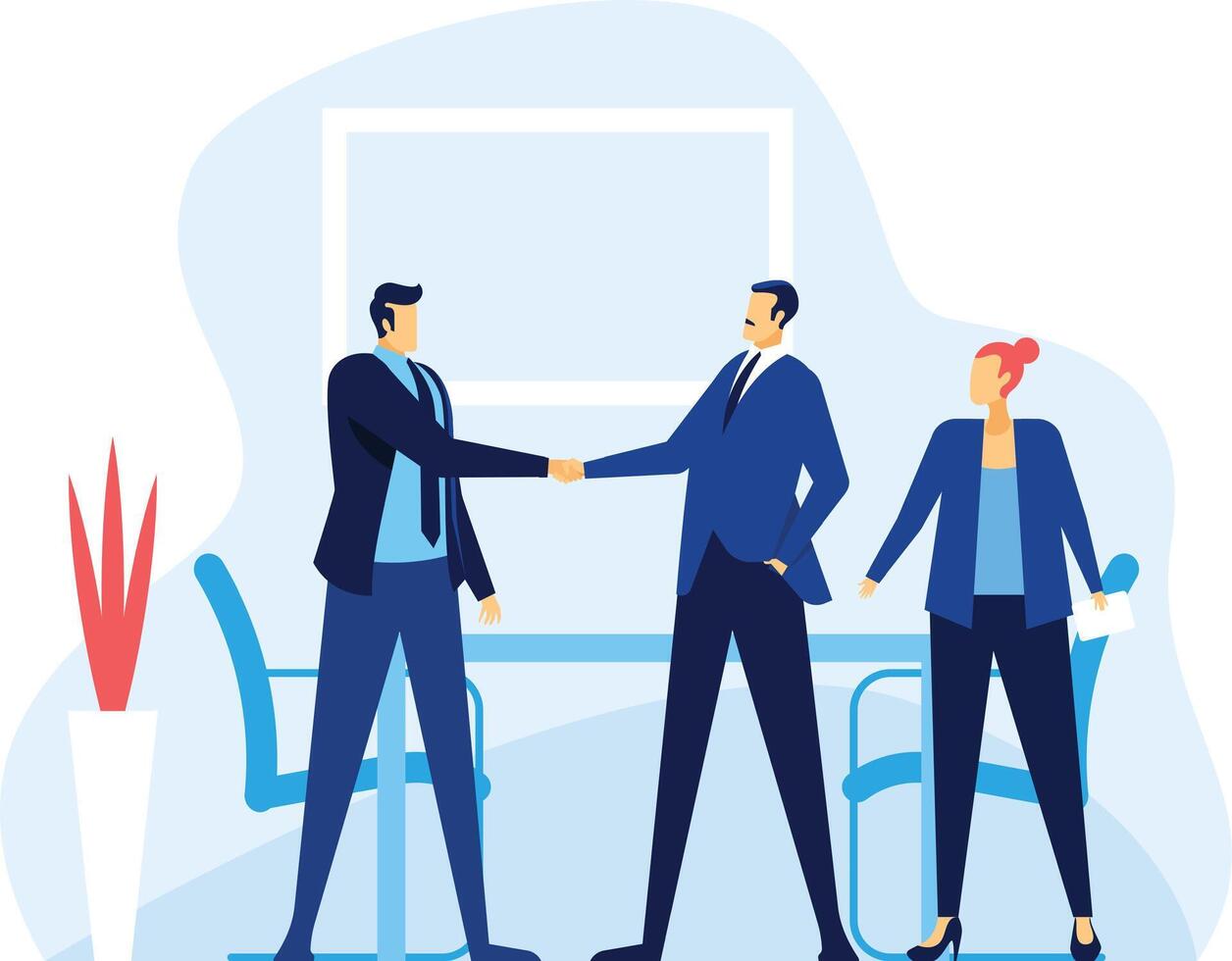 Two businessmen shaking hands after closing a business deal in a modern office, with a businesswoman holding a document standing next to them vector