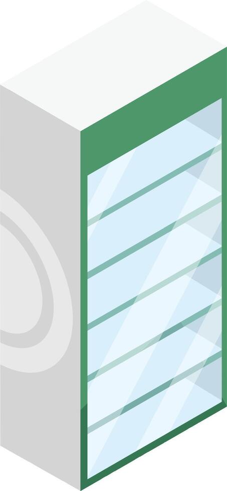 Empty glass display fridge with green frame and shelves, suitable for commercial use, presented in isometric view, perfect for showcasing products in retail settings vector
