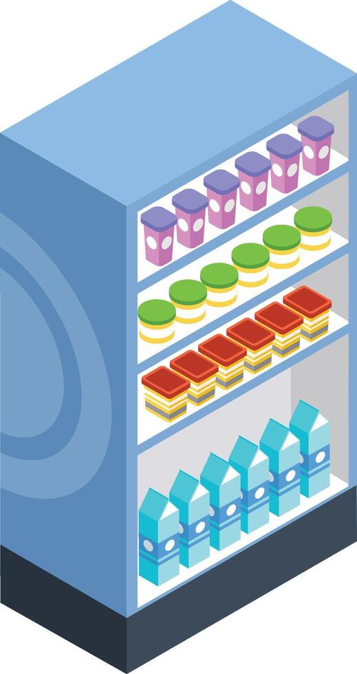 Blue display fridge featuring shelves brimming with packaged milk, yogurt, desserts, and a variety of refreshing drinks, highlighting an assortment of supermarket products vector