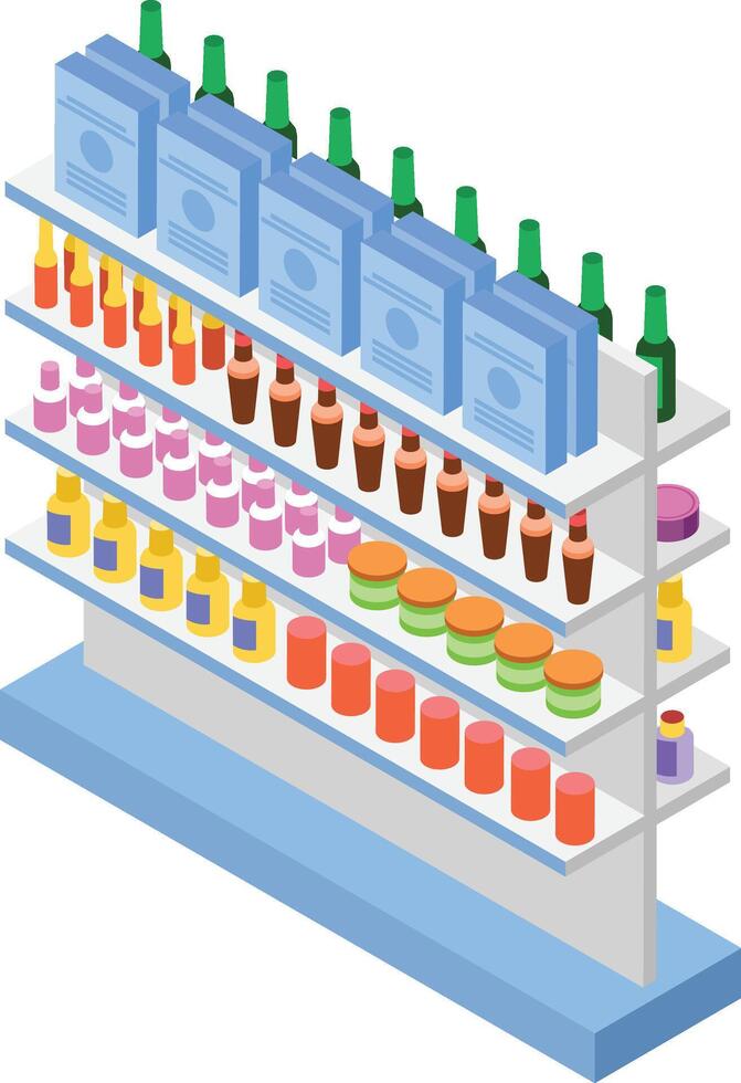 Well organized supermarket shelf displaying a variety of products, including packaged goods, beverages, and cosmetics, in an isometric perspective highlighting item arrangement vector