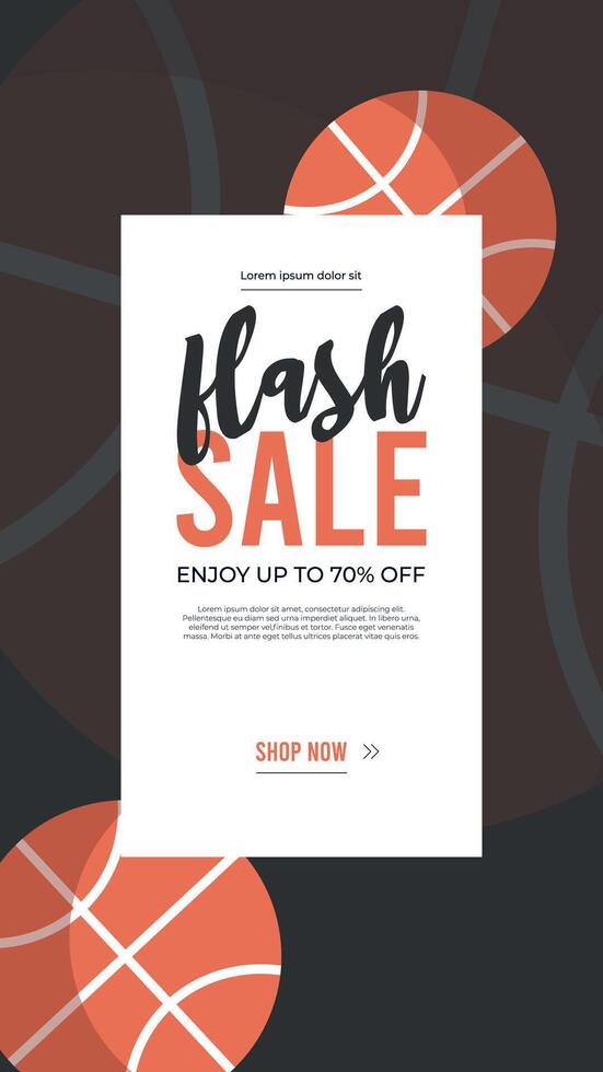 Background for Sport shopping sale.Vertical sport social media stories template.Basketball banners,illustrations with ball.Event invitation,ad.Special offer text on ribbon. vector