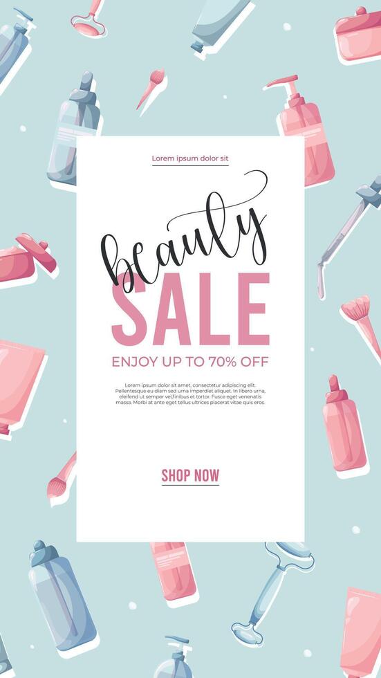 Beauty Sale cosmetics banner for shopping beauty,season, makeup, accessories, equipment,facial, fashion. sale banner with text on skincare stokes background.Good for beauty shops. vector