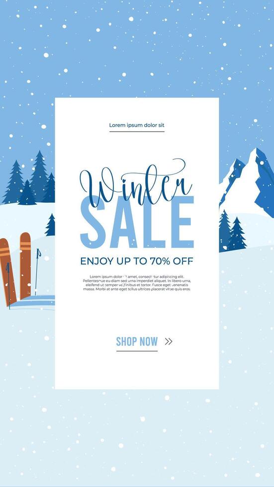 Vertical Christmas social media stories template.Background for Happy New Year shopping sale.Banners illustrations with falling snowflakes.Special offer text on ribbon.Event invitation,ad. vector