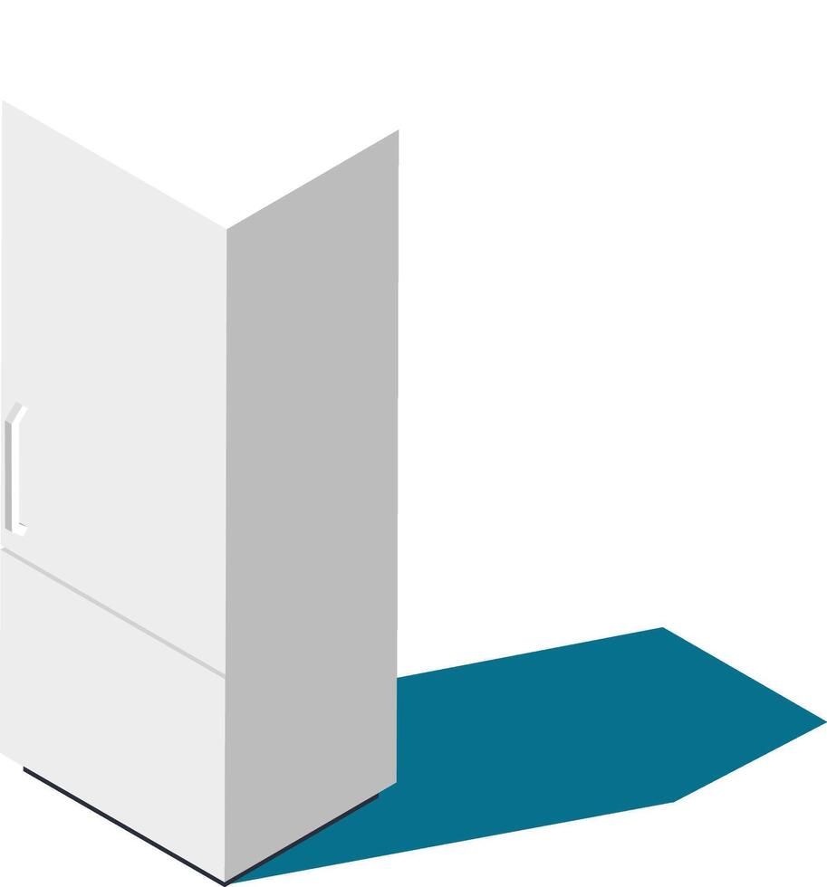 Modern white refrigerator casting a distinct shadow on a blue floor, presented in an isometric view, symbolizing kitchen appliances and modern home interiors vector