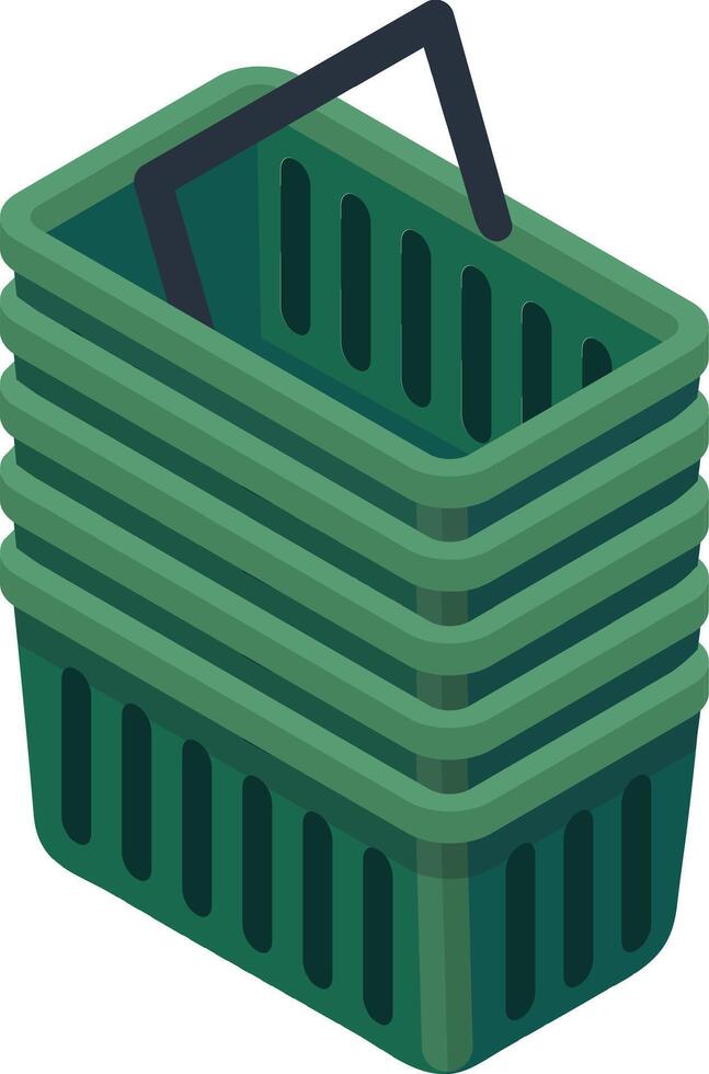 Five empty green shopping baskets stacked together, ready for eager shoppers to fill with groceries, creating an inviting scene for a bustling shopping day vector