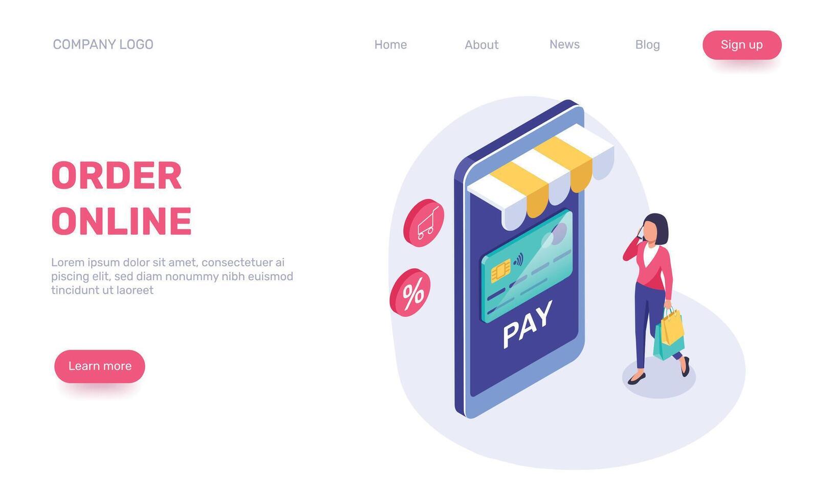 Businesswoman is making online payment using credit card and smartphone, shopping online isometric concept with awning, shopping cart and discount symbols vector