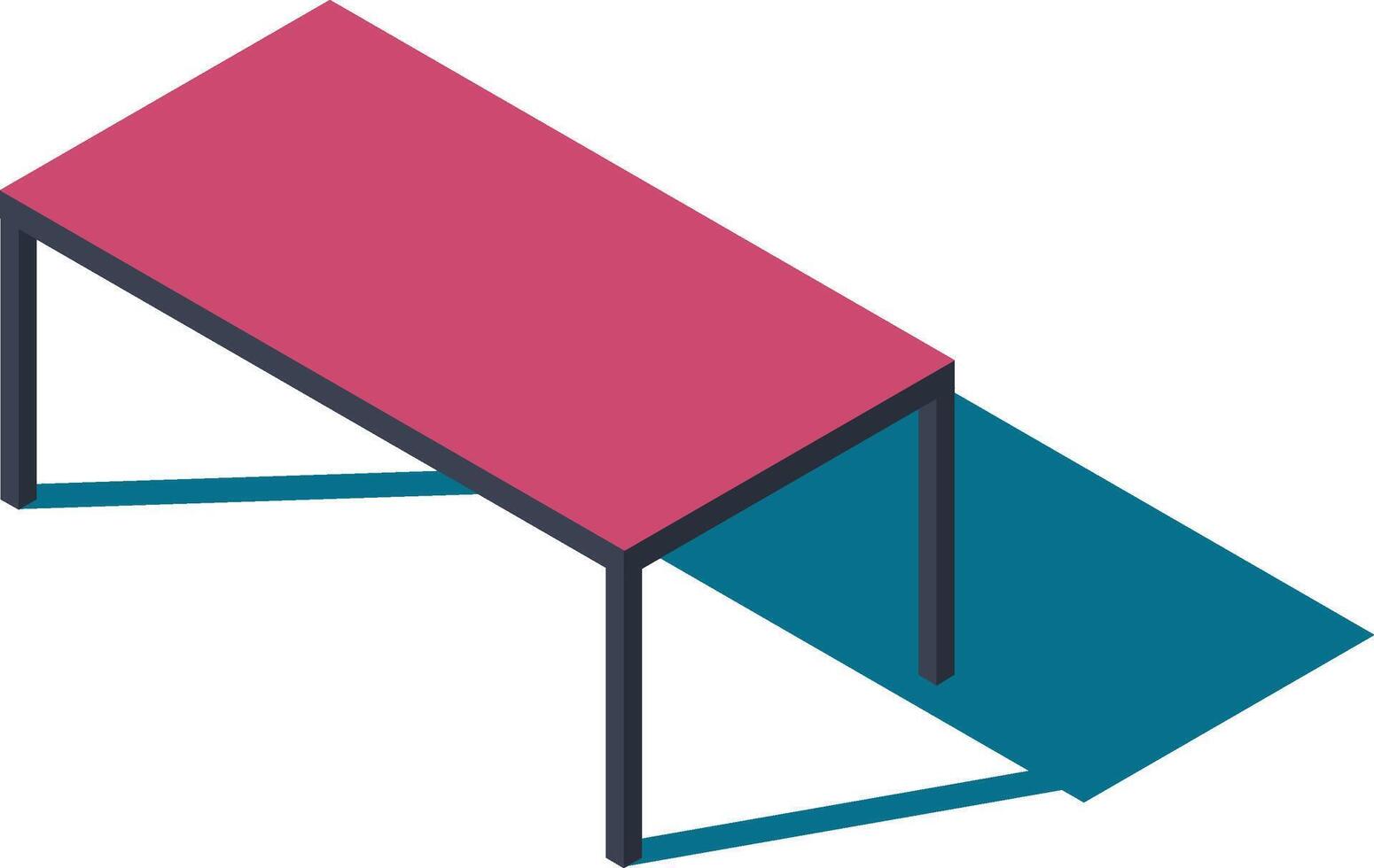 Minimalist isometric illustration featuring a pink table with dark gray legs casting a distinct shadow on a blue floor, creating a simple yet stylish visual vector