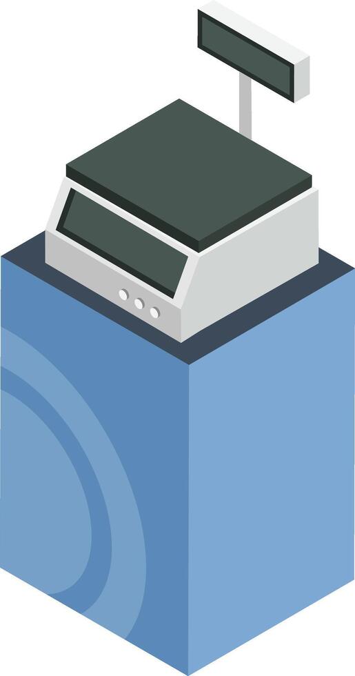 Electronic price computing scale featuring a customer display, positioned on a blue pedestal, weighing products and calculating prices in an isometric view, showcasing modern retail technology vector