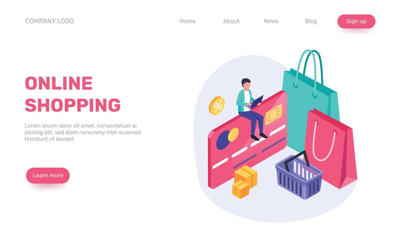 Isometric illustration of a man using a laptop sitting on a credit card, shopping bags, shopping basket, boxes and percentage symbol, representing the concept of online shopping vector
