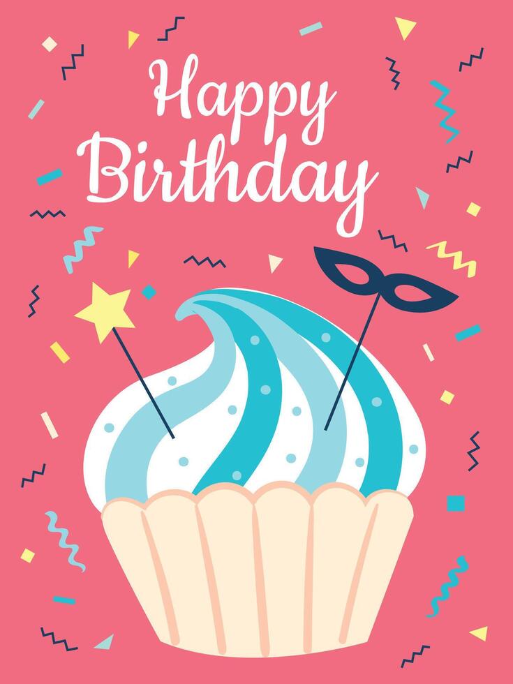 Delicious cupcake with blue and white frosting, adorned with a mask and a star, sits on a vibrant pink background with confetti, embodying the joyous spirit of a birthday celebration vector