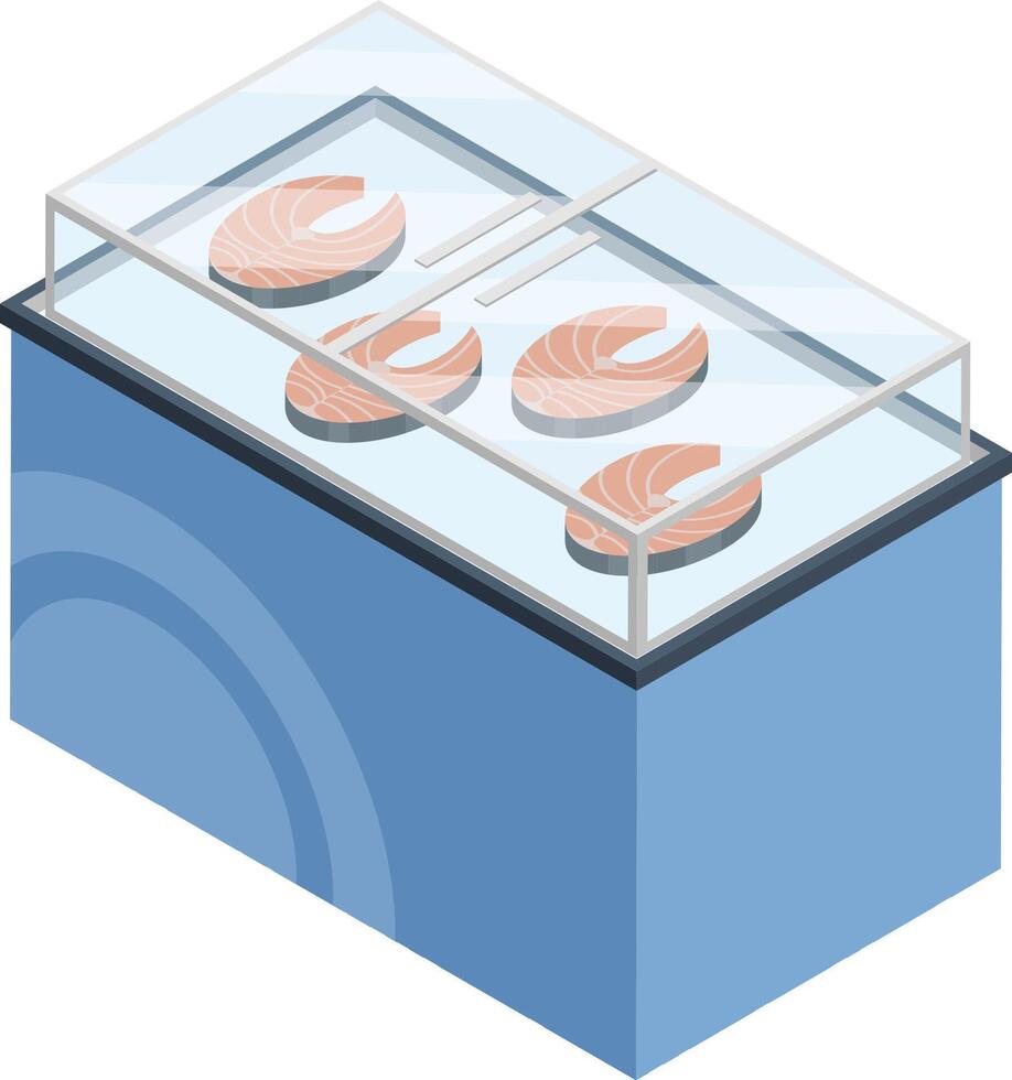 Refrigerated display case showing salmon steaks, ideal for illustrating concepts related to supermarkets, grocery stores, fish shops, fresh food, seafood, or healthy eating vector