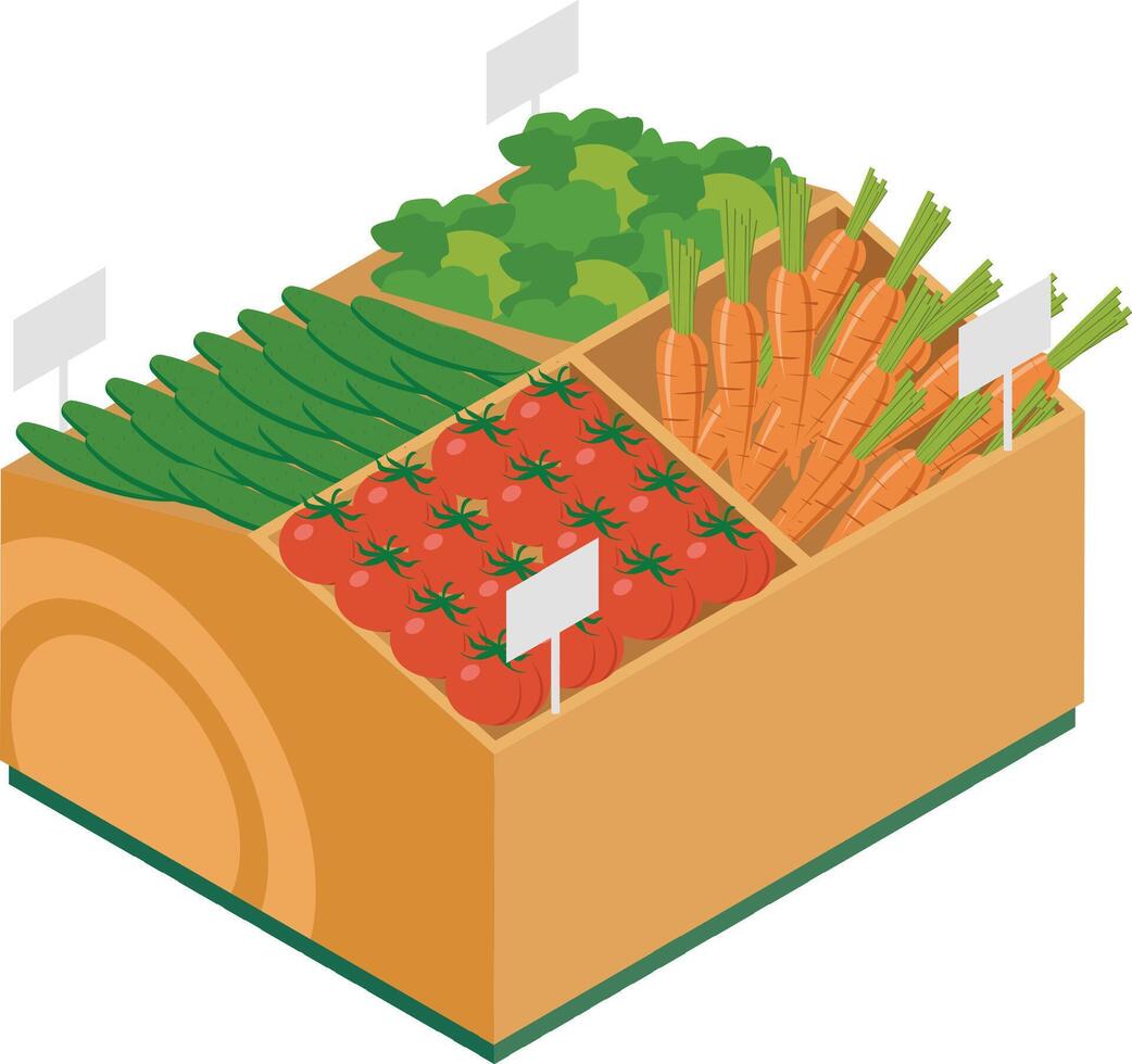 Isometric view of a wooden market stall filled with fresh, ripe vegetables like carrots, tomatoes, cucumbers, and lettuce, featuring blank price tags in a grocery store setting vector