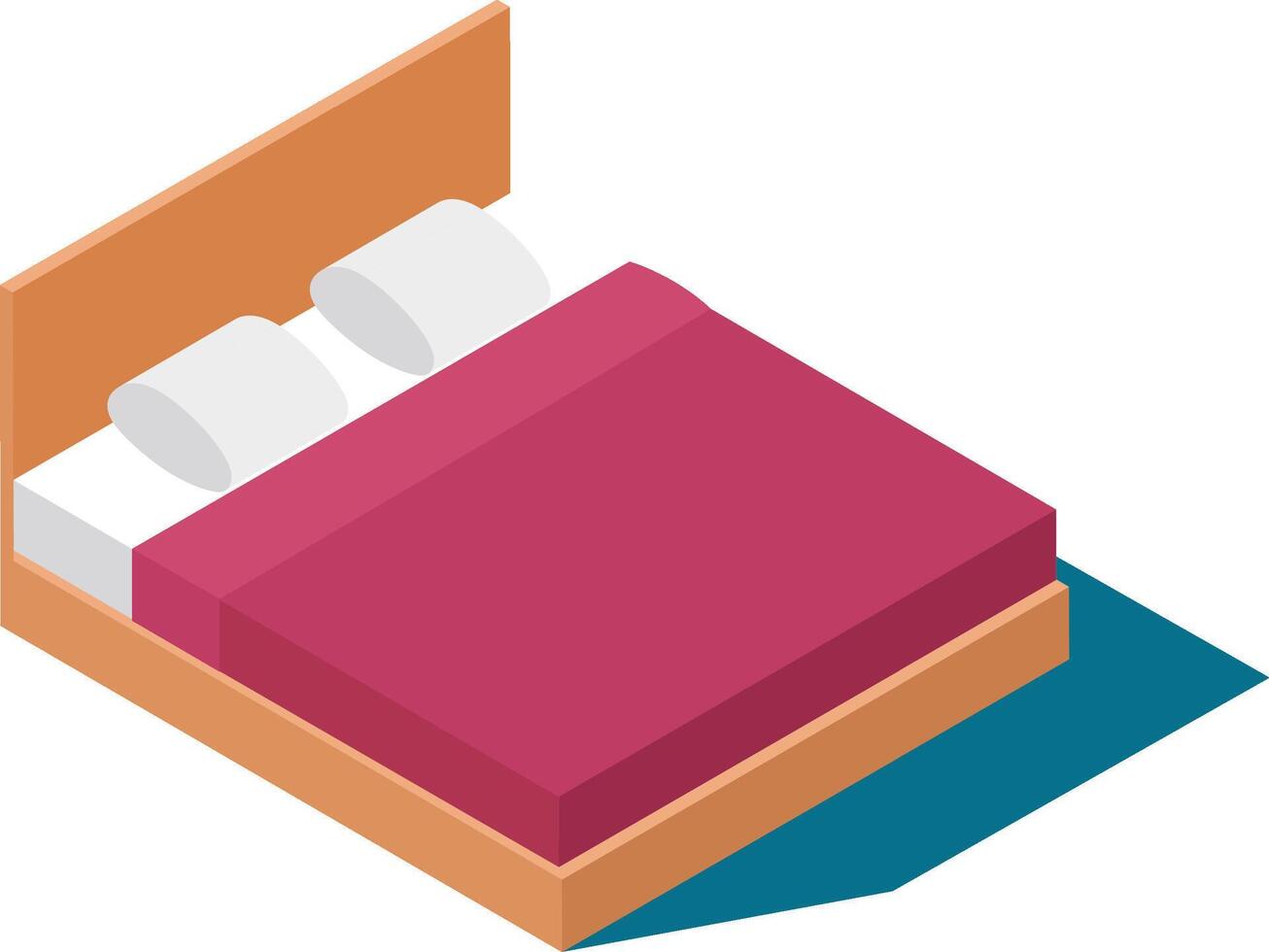 Comfortable double bed featuring pink sheets, two pillows, and a wooden frame, presented in isometric view, perfect for relaxation and interior design projects vector
