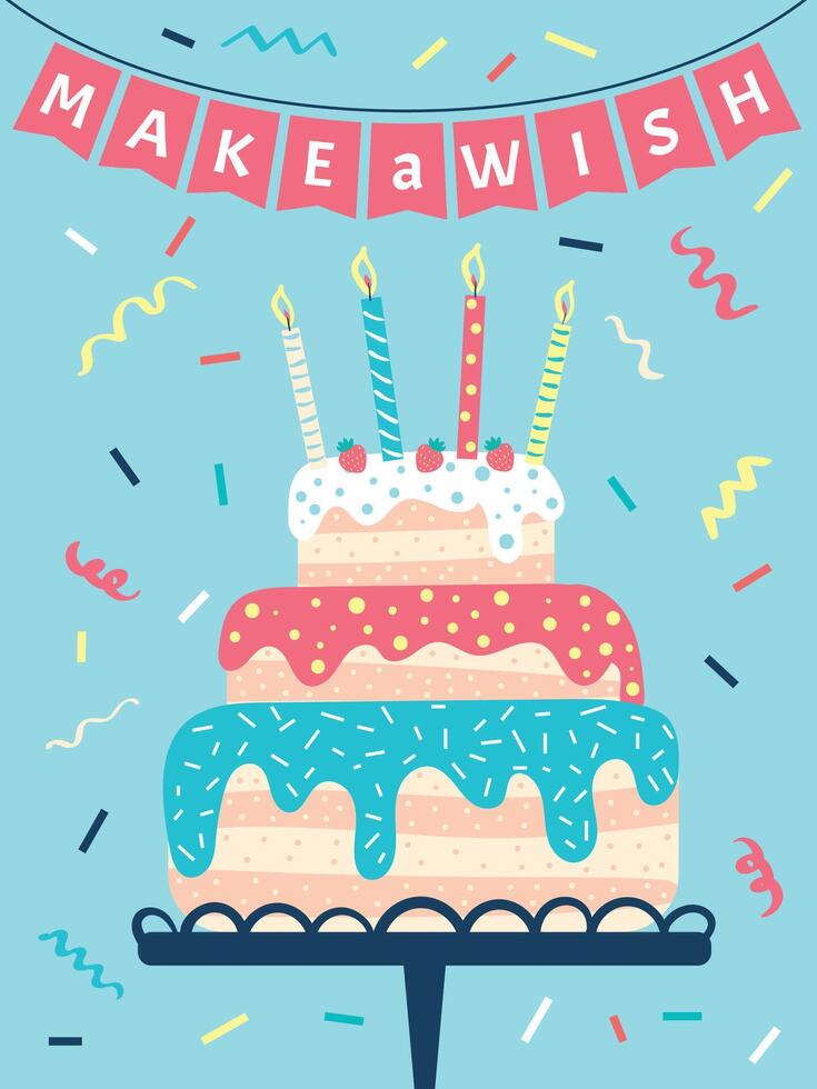 Large three tiered birthday cake decorated with colorful icing, sprinkles, and strawberries, topped with lit candles, sits on a stand beneath pink bunting and falling confetti vector
